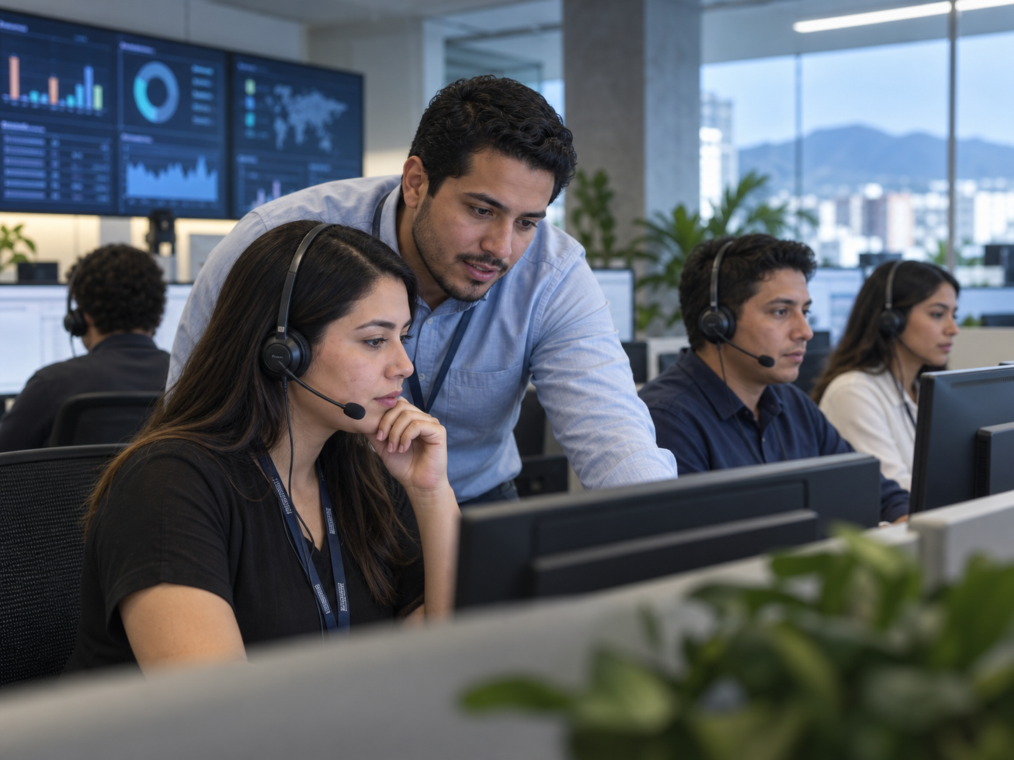 Equipo de atención colaborando en un centro moderno de servicio al cliente