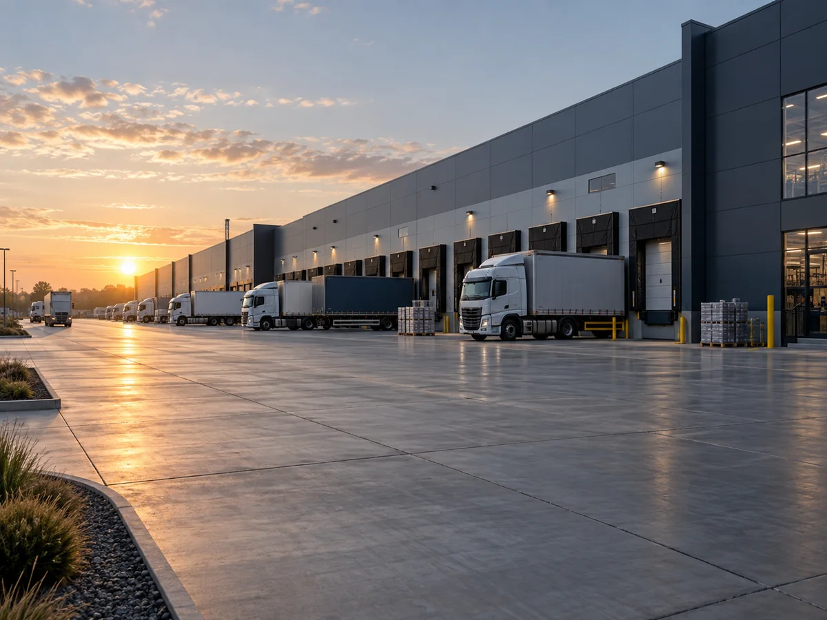 Centro logístico con andenes y flota preparada para distribución