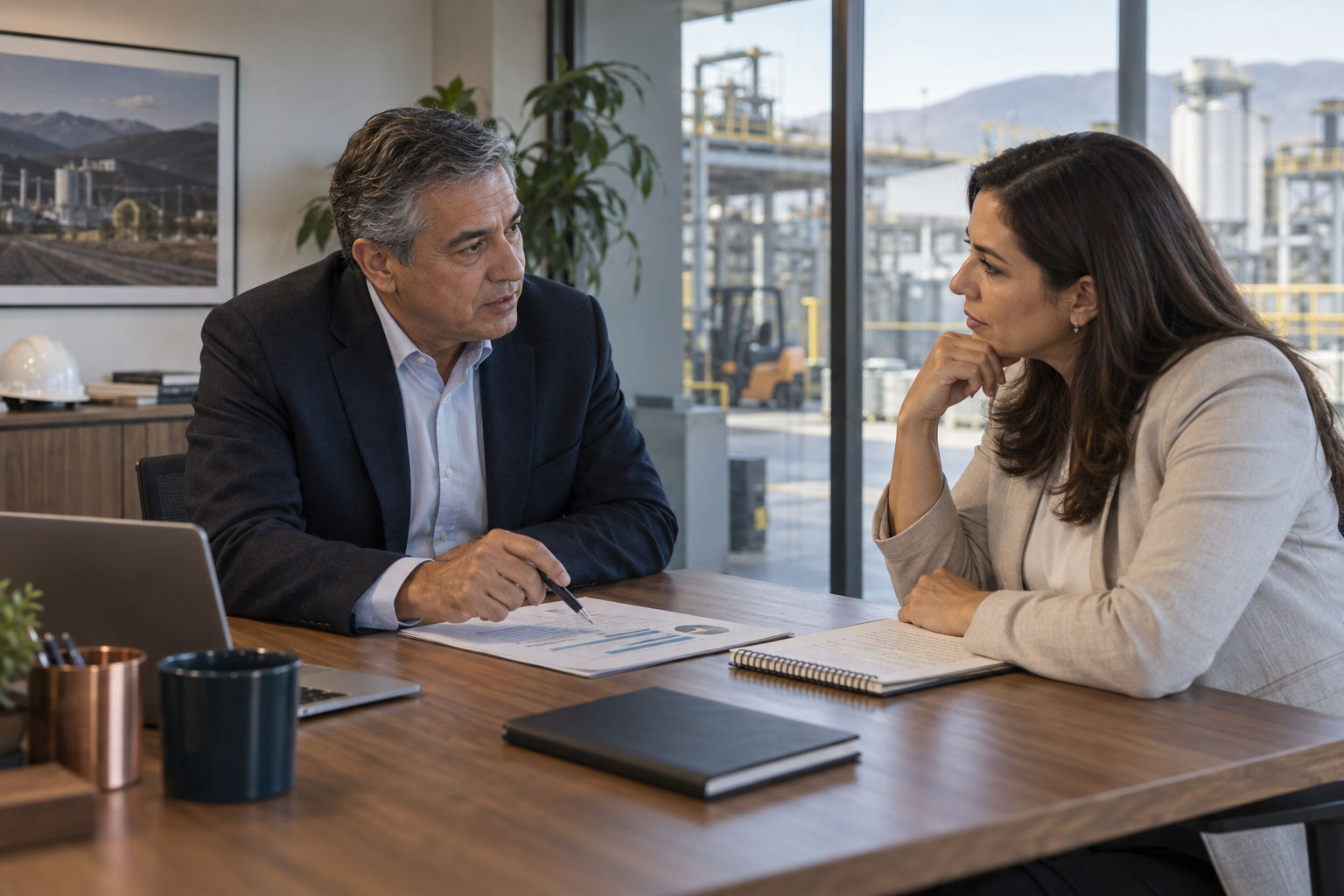 Sesión de asesoría entre un consultor senior y una líder empresarial