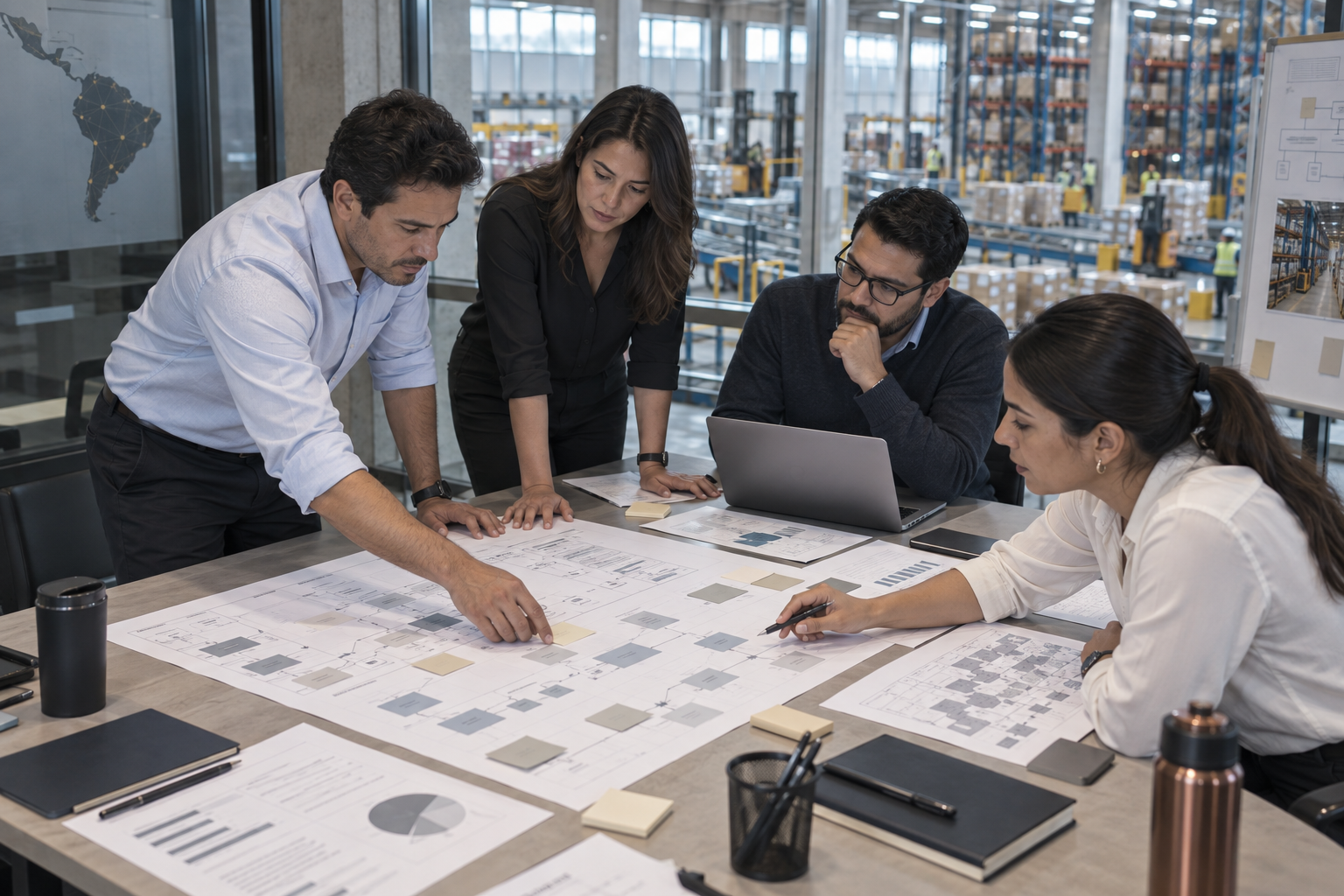 Equipo diseñando procesos y un modelo operativo sobre una mesa de trabajo